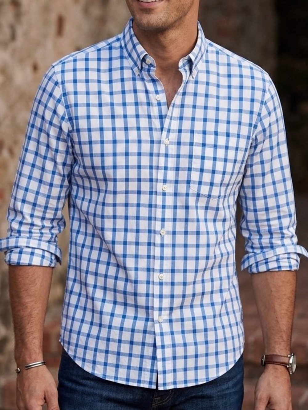J. Crew Blue and White Plaid Gingham Button Down Men's Shirt | XXL